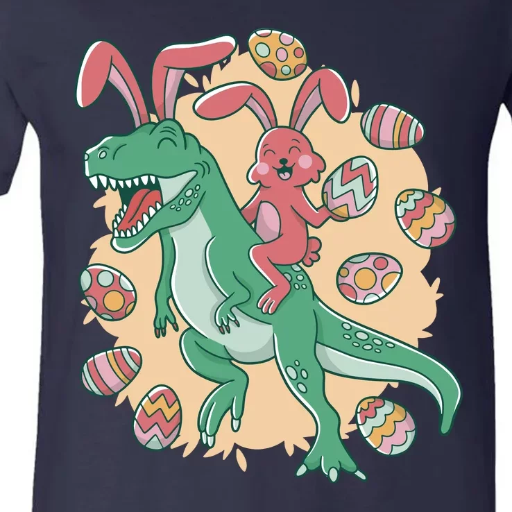 Easter Bunny Dinosaur Festive Holiday V-Neck T-Shirt