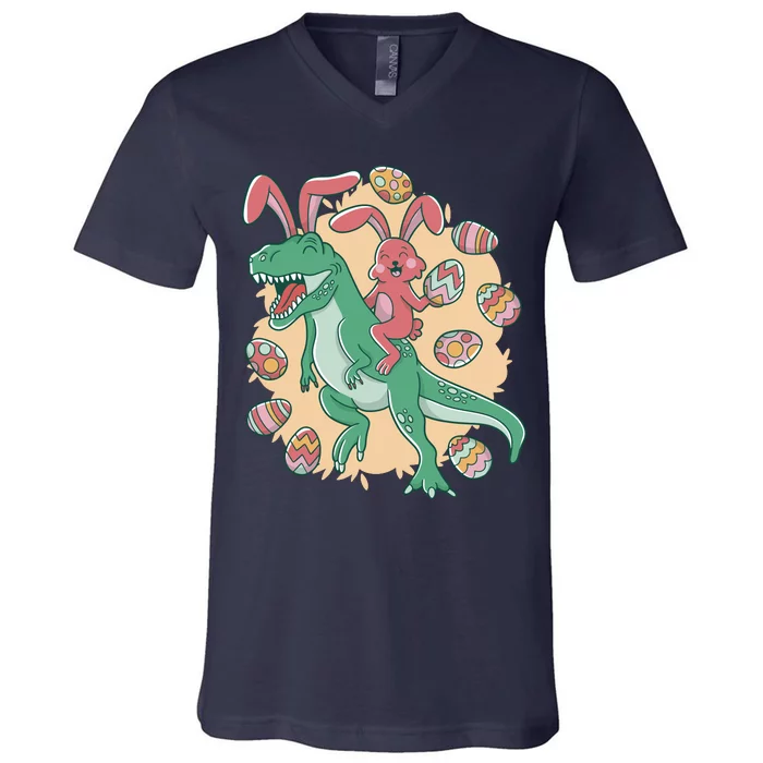 Easter Bunny Dinosaur Festive Holiday V-Neck T-Shirt