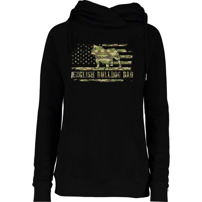 English BullDog Dad Camouflage American Flag Patriotic Dog Womens Funnel Neck Pullover Hood