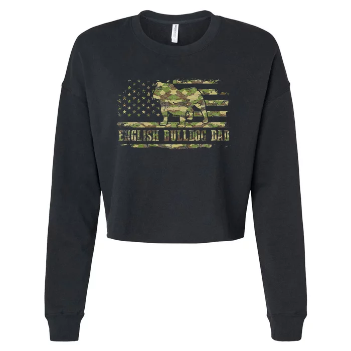 English BullDog Dad Camouflage American Flag Patriotic Dog Cropped Pullover Crew