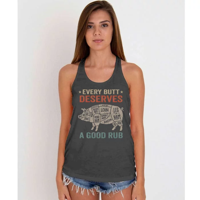 Every Butt Deserves A Good Rub Pork Smoking Party Bbq Funny Women's Knotted Racerback Tank