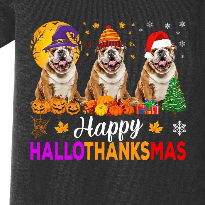 English Bulldog Dog Halloween Christmas Hallothanksmas Baby Bodysuit