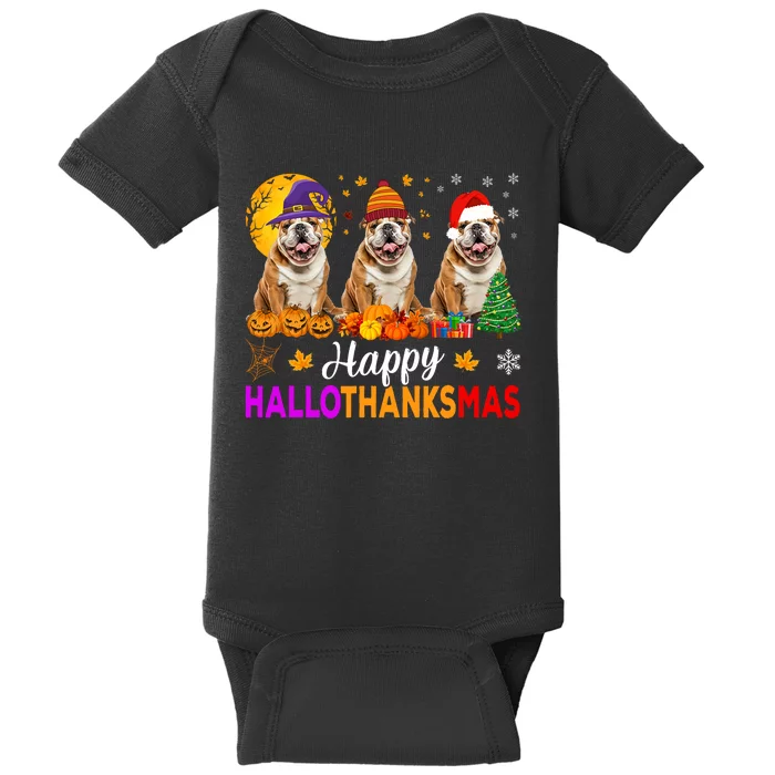 English Bulldog Dog Halloween Christmas Hallothanksmas Baby Bodysuit