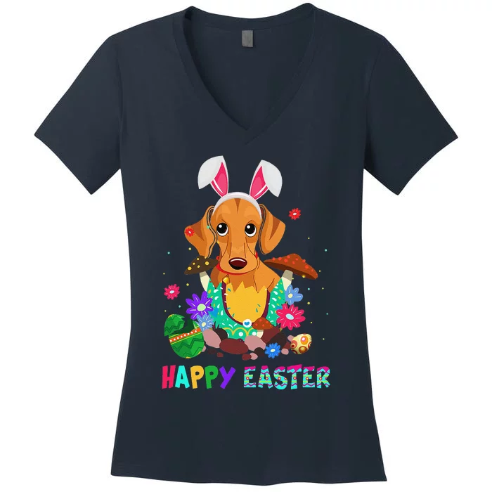 Easter Bunny Dachshund Dog Women Women's V-Neck T-Shirt