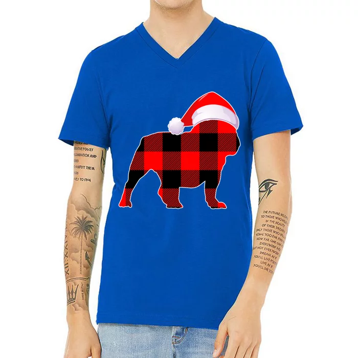 English Bulldog Dog Christmas Buffalo Plaid Xmas Santa Hat Cute Gift V-Neck T-Shirt