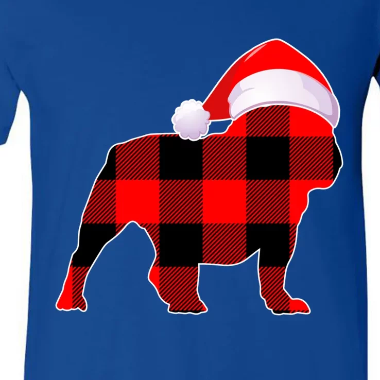 English Bulldog Dog Christmas Buffalo Plaid Xmas Santa Hat Cute Gift V-Neck T-Shirt