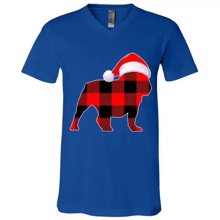 English Bulldog Dog Christmas Buffalo Plaid Xmas Santa Hat Cute Gift V-Neck T-Shirt