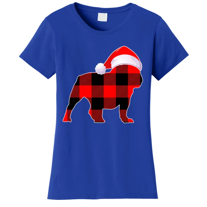 English Bulldog Dog Christmas Buffalo Plaid Xmas Santa Hat Cute Gift Women's T-Shirt