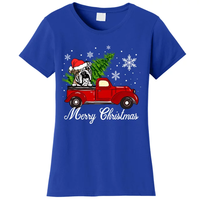 English Bulldog Dog Riding Red Truck Christmas Decorations Cool Gift Women's T-Shirt