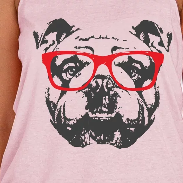 English Bulldog Design Red Glasses Nice Tee Women's Knotted Racerback Tank