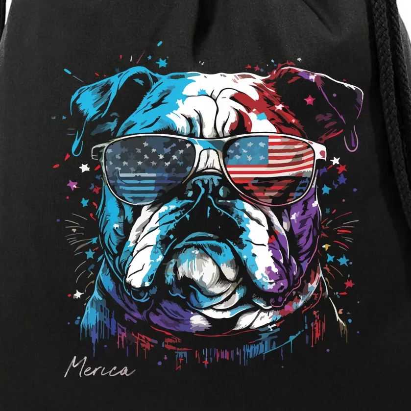 English Bulldog Dog 4th Of July American Flag USA Funny Drawstring Bag