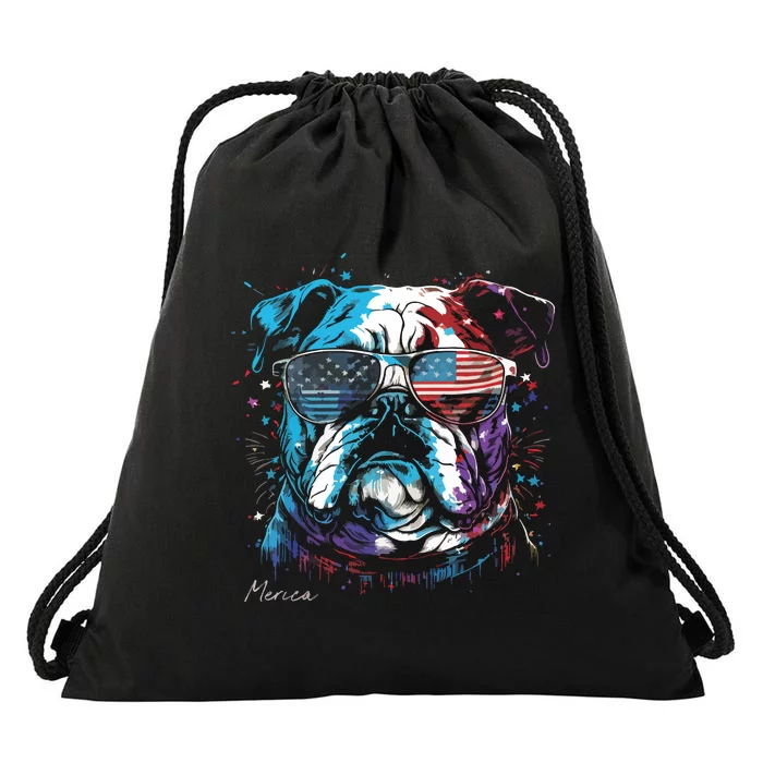 English Bulldog Dog 4th Of July American Flag USA Funny Drawstring Bag