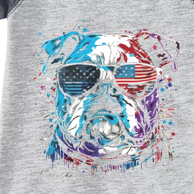 English Bulldog Dog 4th Of July American Flag USA Funny Infant Baby Jersey Bodysuit