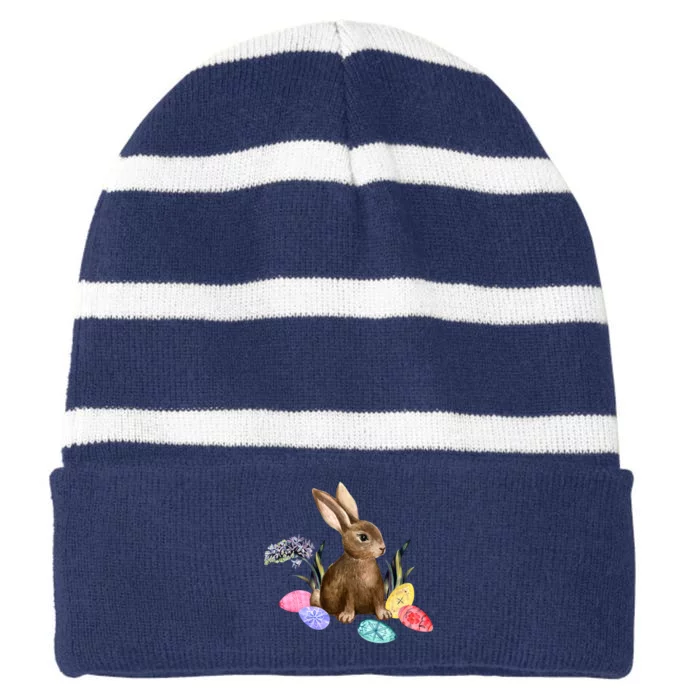 Easter Bunny Egg Spring Holiday Cute Striped Beanie with Solid Band