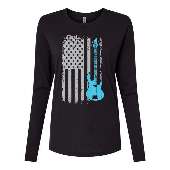 Electric Bass Guitar Player American Flag Musician Womens Cotton Relaxed Long Sleeve T-Shirt