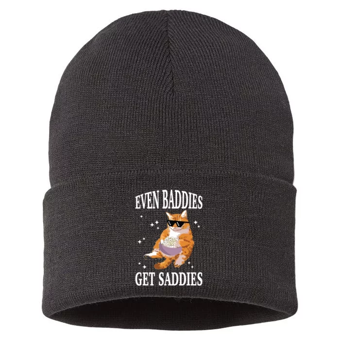 Even Baddies Get Saddies Funny Cat Meme Sustainable Knit Beanie