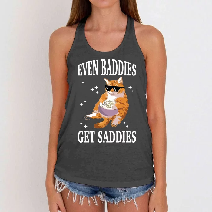 Even Baddies Get Saddies Funny Cat Meme Women's Knotted Racerback Tank