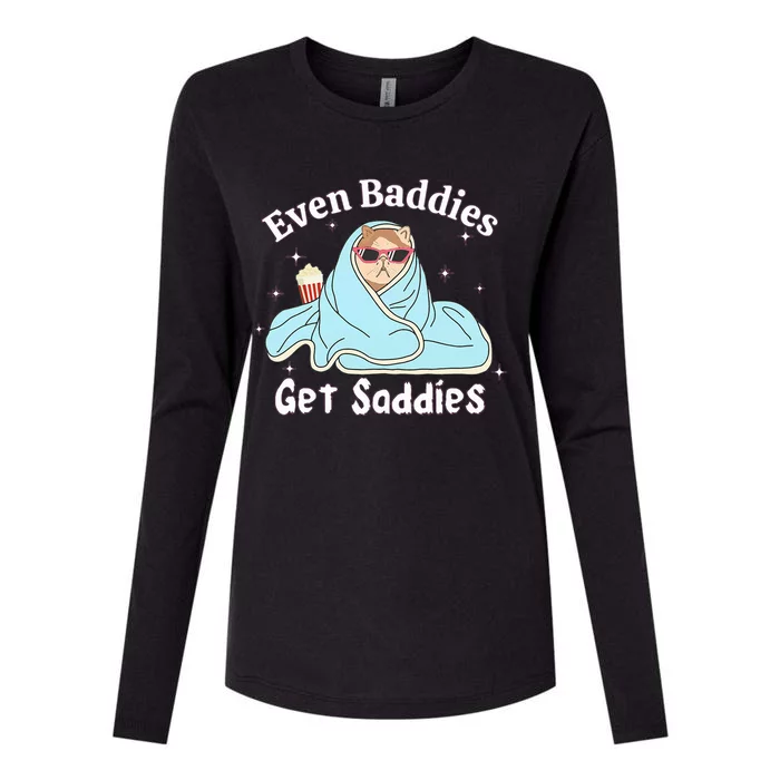 Even Baddies Get Saddies Funny Cat Sarcastic Womens Cotton Relaxed Long Sleeve T-Shirt