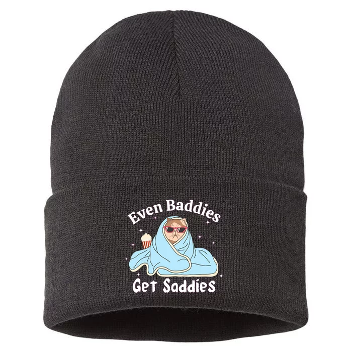 Even Baddies Get Saddies Funny Cat Sarcastic Meme Sustainable Knit Beanie