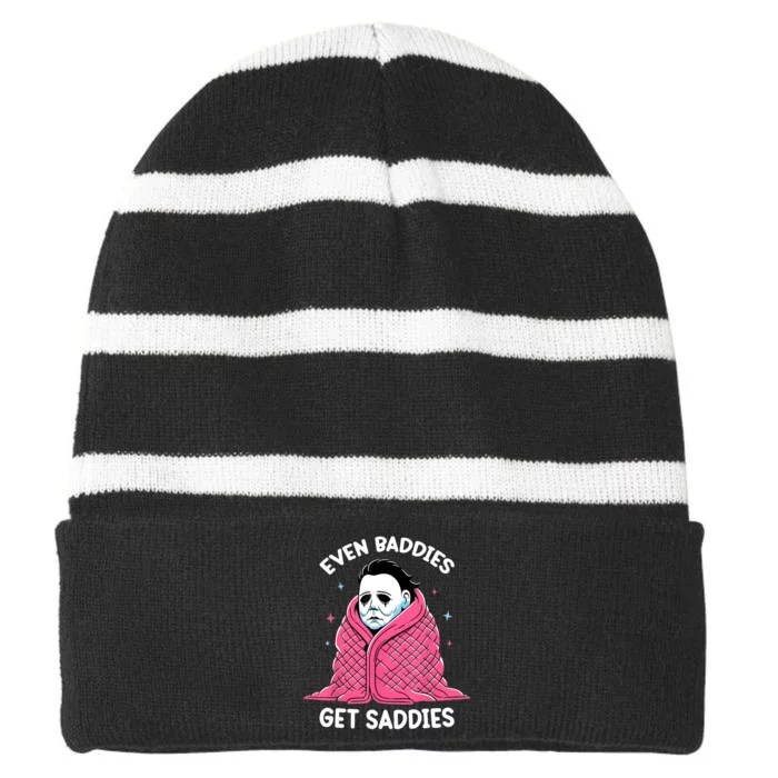 Even Baddies Get Saddies Raccoon Funny Oddly Specific Meme Striped Beanie with Solid Band