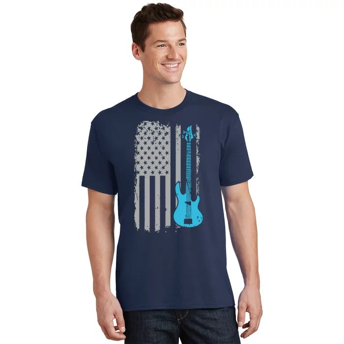 Electric Bass Guitar Player American Flag Musician T-Shirt