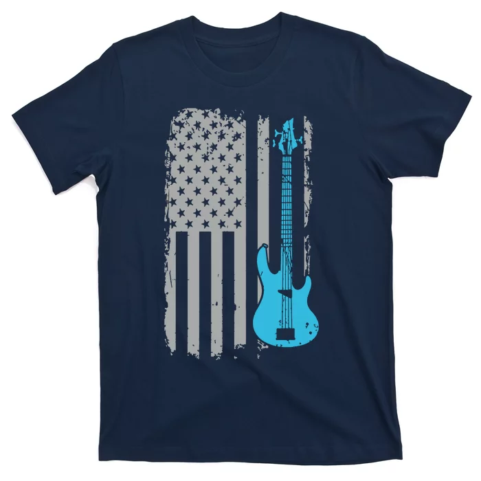 Electric Bass Guitar Player American Flag Musician T-Shirt