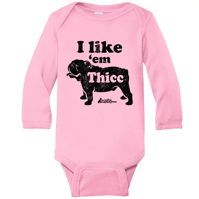 English Bulldog I Like Em Thicc Dog Silhouette Baby Long Sleeve Bodysuit