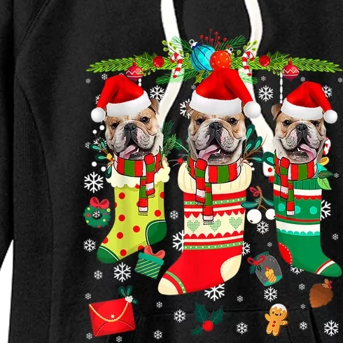 English Bulldogs In Christmas Socks Puppy Lovers Xmas Meaningful Gift Women's Fleece Hoodie