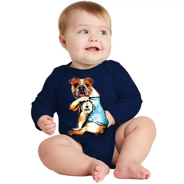 English Bulldog I Love Mom Tattoo Mothers Day Gift Baby Long Sleeve Bodysuit