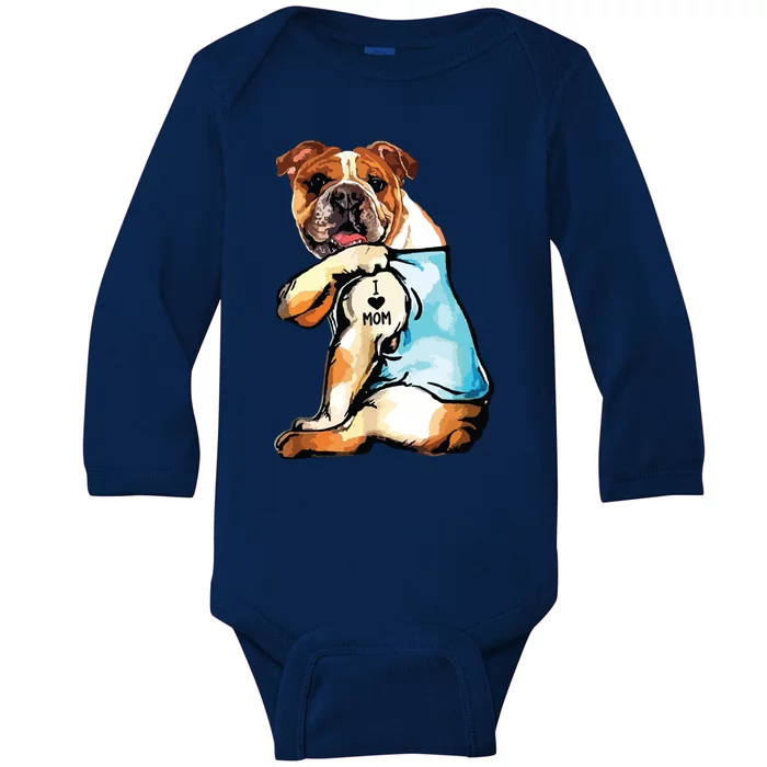 English Bulldog I Love Mom Tattoo Mothers Day Gift Baby Long Sleeve Bodysuit