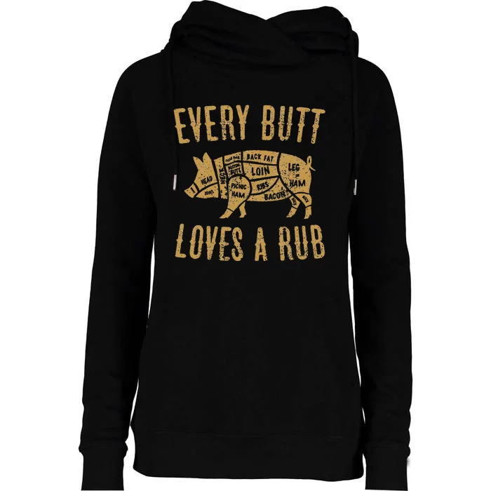 Every Butt Loves A Good Rub Funny Pig Pork Bbq Womens Funnel Neck Pullover Hood