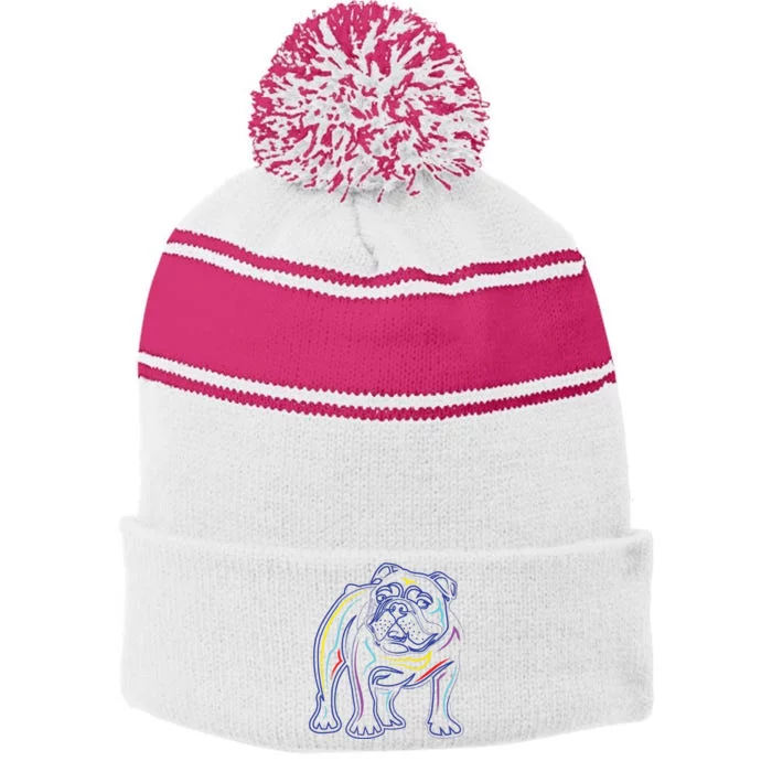 English Bulldog Lovers Line Drawing Artsy Bulldog Stripe Pom Pom Beanie