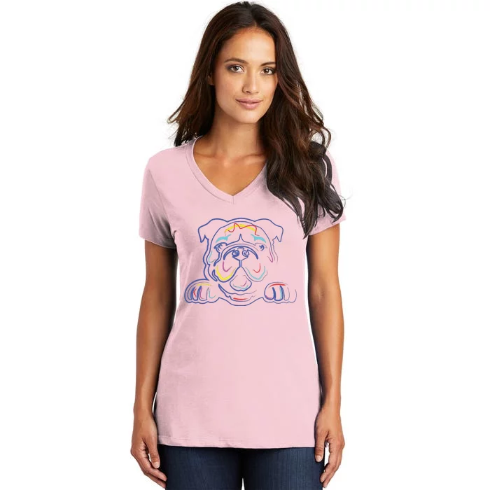 English Bulldog Lovers Line Drawing Artsy Bulldog Women's V-Neck T-Shirt