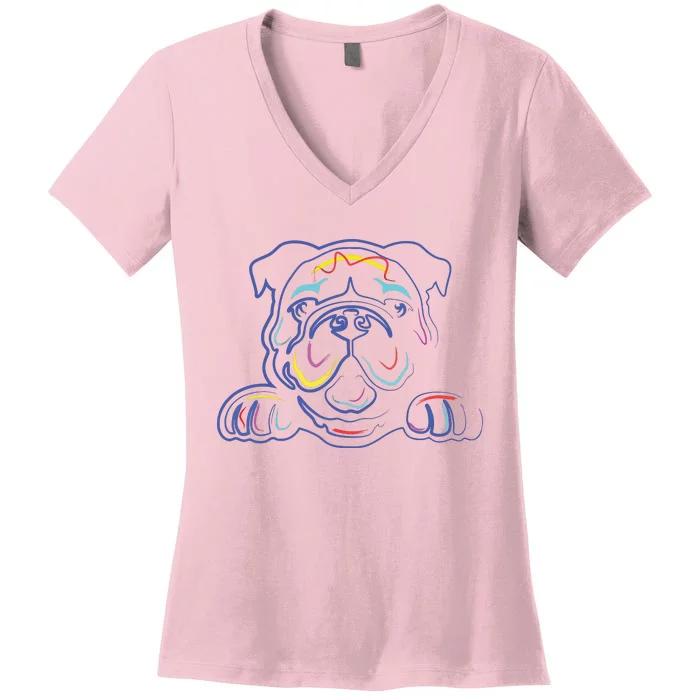 English Bulldog Lovers Line Drawing Artsy Bulldog Women's V-Neck T-Shirt