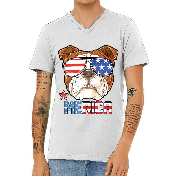 English Bulldog Merica 4th Of July T Boy Dog Puppy V-Neck T-Shirt