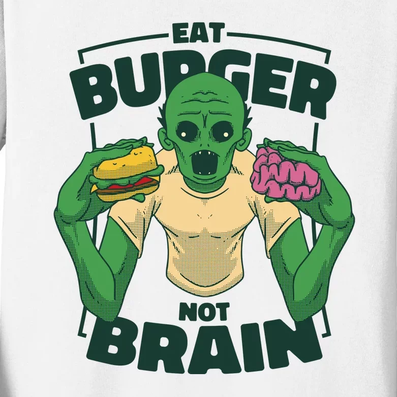 Eat Burger Not Brain Funny Zombie Kids Long Sleeve Shirt