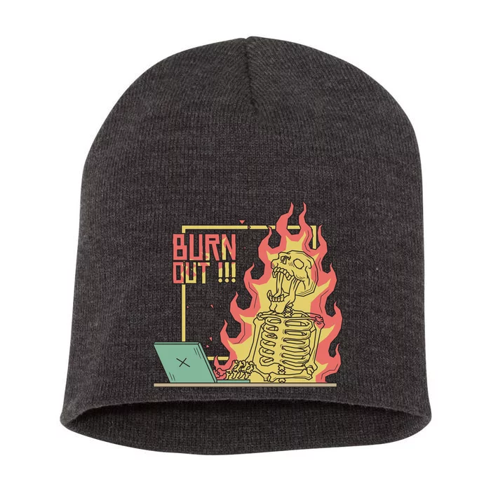 Emotionally Burnt Out Skeleton On Fire Short Acrylic Beanie