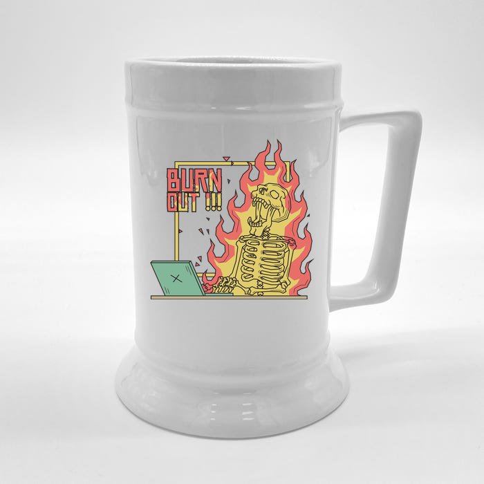 Emotionally Burnt Out Skeleton On Fire Front & Back Beer Stein