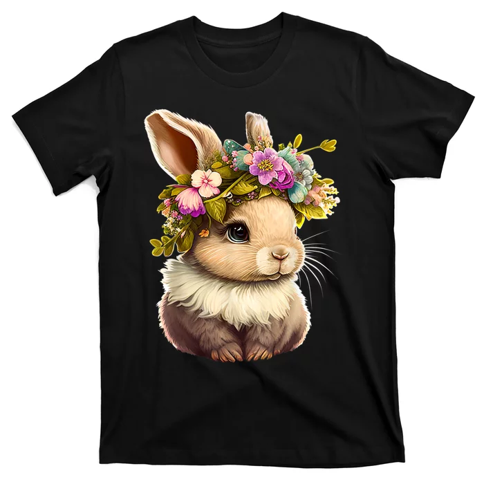 Easter Bunny Rabbit Women Happy Bunny Flower Graphic T-Shirt