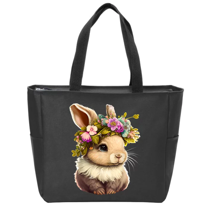 Easter Bunny Rabbit Women Happy Bunny Flower Graphic Zip Tote Bag