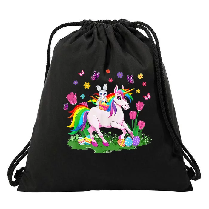 Eggs Bunny Rabbit Riding Unicorn Basket Happy Easter Day Drawstring Bag