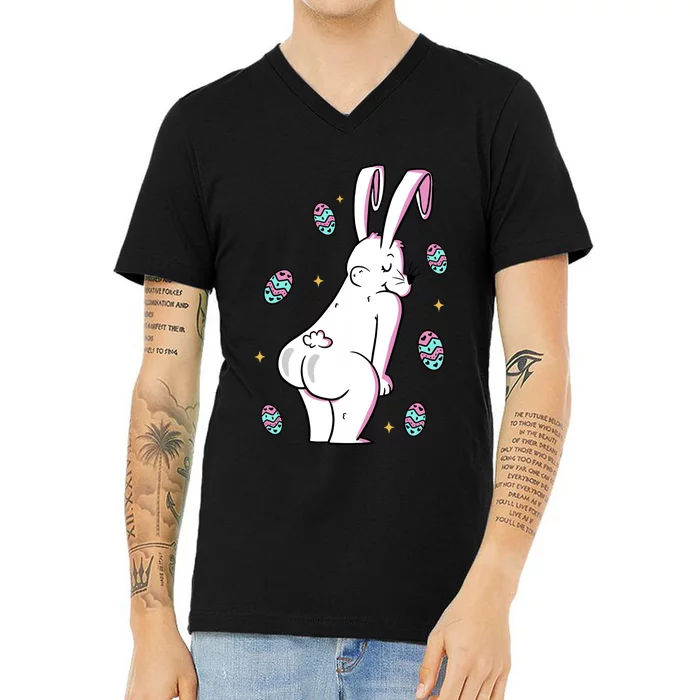 Easter Bunny Rabbit Butt Funny Colorful Eggs V-Neck T-Shirt