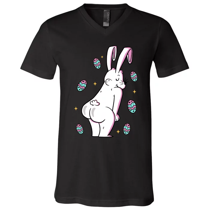 Easter Bunny Rabbit Butt Funny Colorful Eggs V-Neck T-Shirt