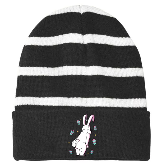 Easter Bunny Rabbit Butt Funny Colorful Eggs Striped Beanie with Solid Band