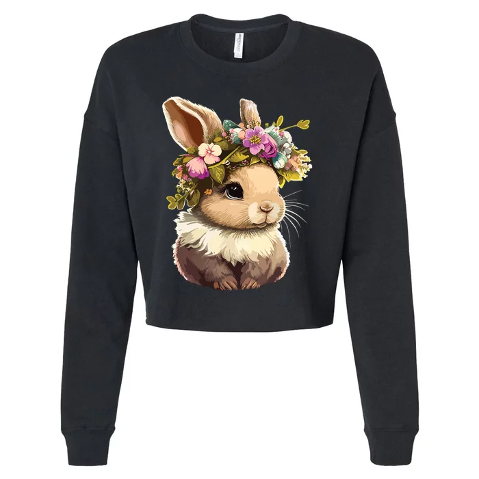 Easter Bunny Rabbit Women Happy Bunny Flower Graphic Girl Cropped Pullover Crew