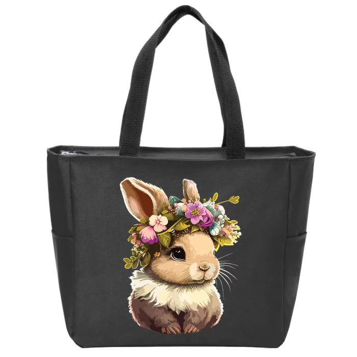 Easter Bunny Rabbit Women Happy Bunny Flower Graphic Girl Zip Tote Bag