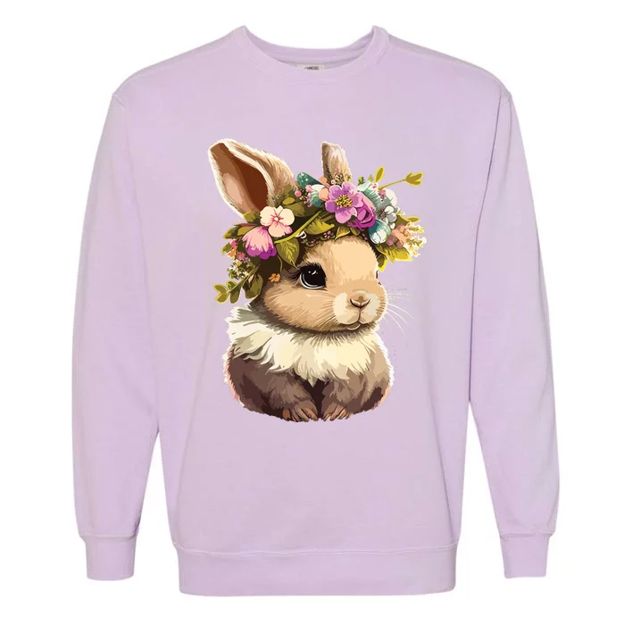 Easter Bunny Rabbit Women Happy Bunny Flower Graphic Girl Garment-Dyed Sweatshirt