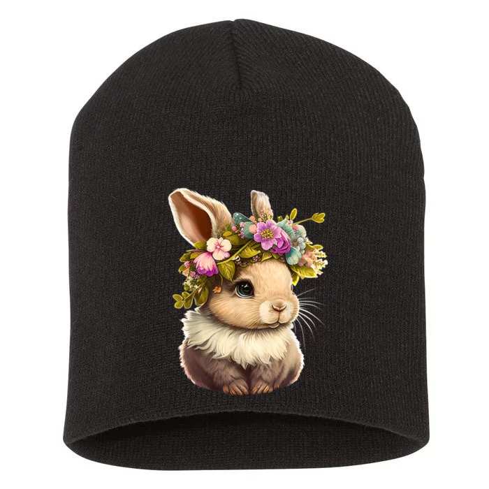 Easter Bunny Rabbit Wo - Happy Bunny Flower Graphic Girls Short Acrylic Beanie