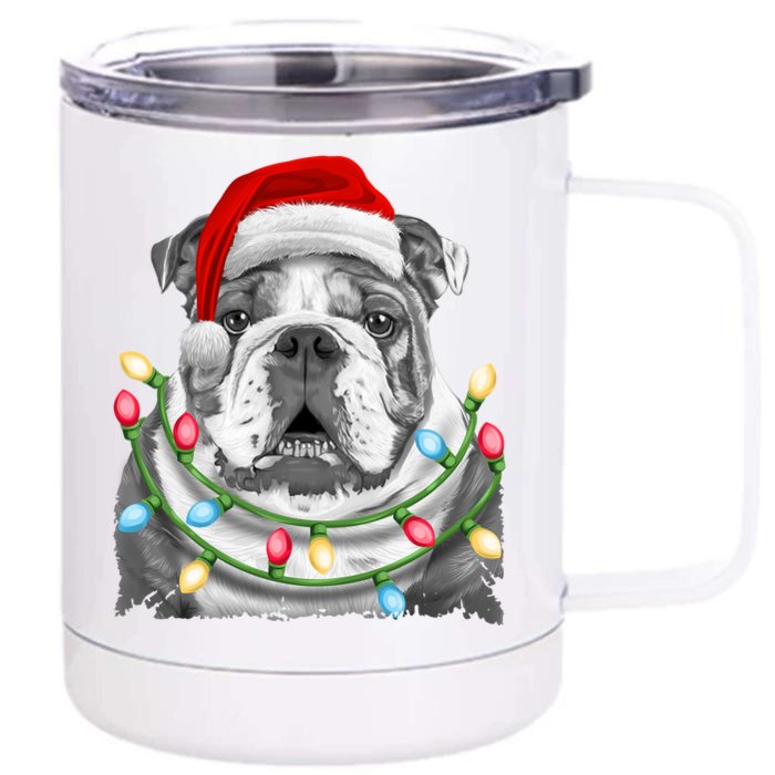 English Bulldog Santa Christmas Tree Lights Xmas Dog Cool Gift Front & Back 12oz Stainless Steel Tumbler Cup