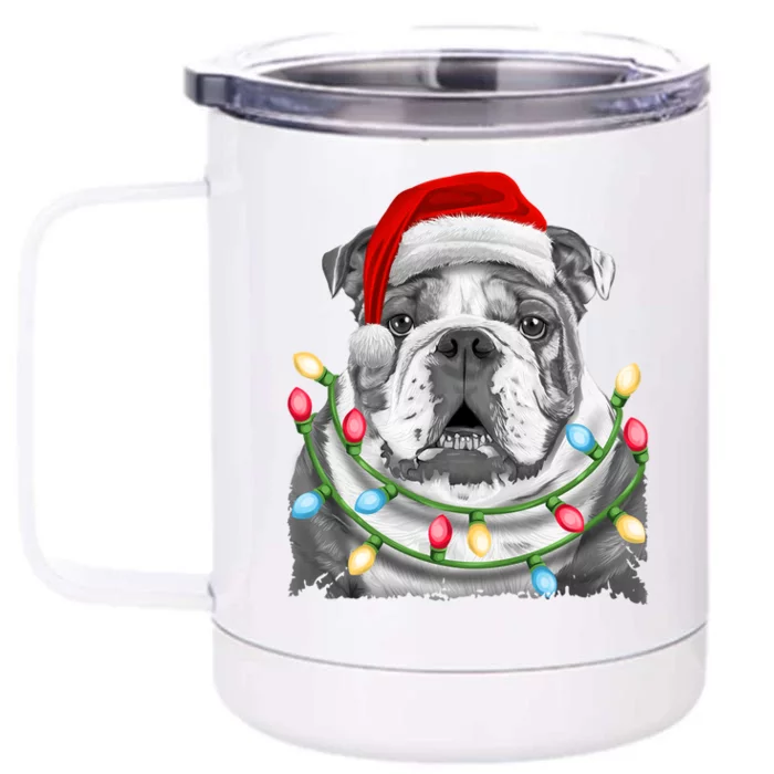 English Bulldog Santa Christmas Tree Lights Xmas Dog Cool Gift Front & Back 12oz Stainless Steel Tumbler Cup